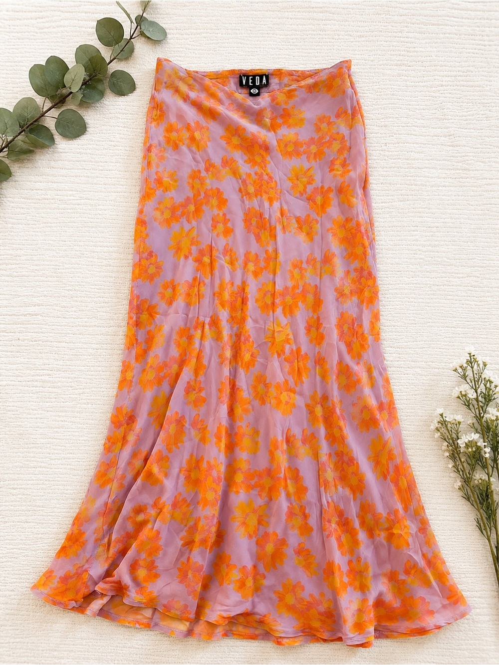 VEDA Silk Bias Cut Midi Skirt Pink Orange Floral Slip Skirt Women’s Size 2